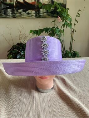 Lavender Satin Ribbon Wide Brim Hat with Crystal Floral Accents